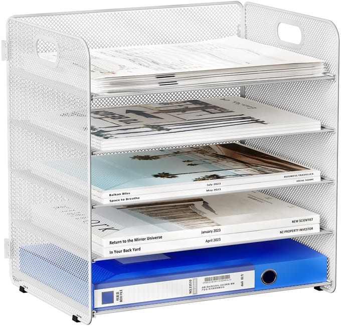Allecto - EasyPAG 5 Tier Desktop A4 Mesh - Papier Organizer - Wit - Archiefrek - Efficiënte Opslag - Geschikt voor Kantoor