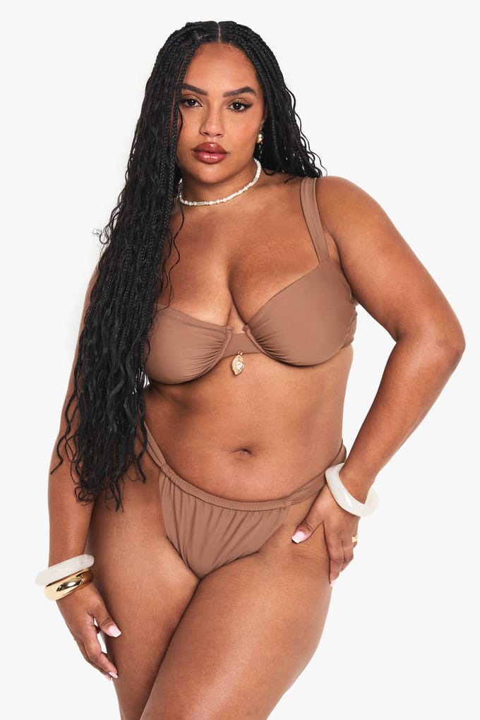 boohoo Dames Plus Bikinitop met Ondersteunende Beugels en Schelpversiering | Chocoladebruin | Maat: 54