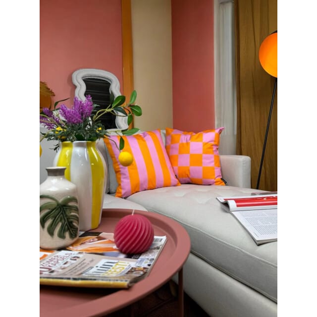 Gek op kussens! Sierkussen checker oranje/roze | 45 x 45 cm | katoen/polyester
