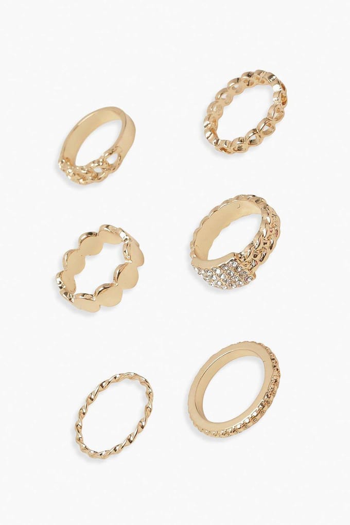 boohoo Dames Gouden Assortiment Diamante 6 Pack Ring Set