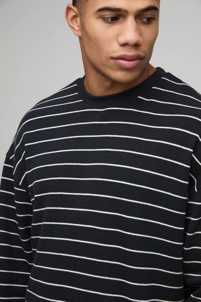 Oversized Gestreept Zwaargewicht Lange Mouw Wafel T-Shirt | Black | Size XL