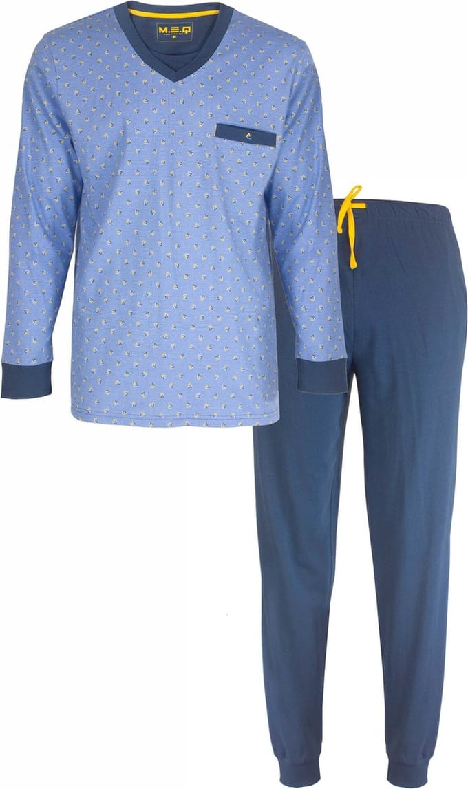 MEQ Heren Pyjama - 100% Katoen - V Hals - Licht Blauw - Maat L