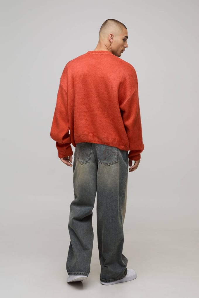 Oversized Boxy Geborstelde Oog Grafische Gebreide Trui | Orange | Size Medium