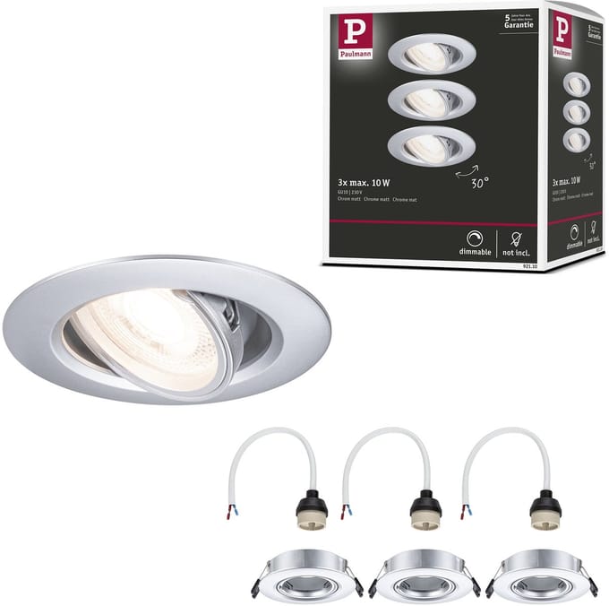 Inbouwlamp Set van 3 zwenkbaar rond 90 mm 30° GU10 max. 3x10W 230V dimbaar Chroom mat