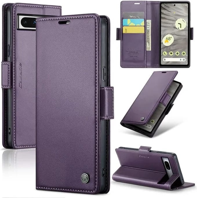 CaseMe Wallet Case met RFID Bescherming en Magneetsluiting + Glas Screenprotector voor Google Pixel 7a _ Paars