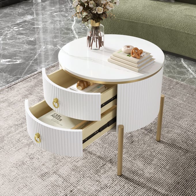 Gutent Salontafel, Wit , met laden, Speciale Afwerking, Gouden poten en handgrepen