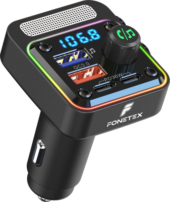 FoneTex Bluetooth FM Transmitter - Auto Lader - Carkit - Handsfree - MP3 - 2x USB - 2x USB-C - Snel Lader - Audio Receiver