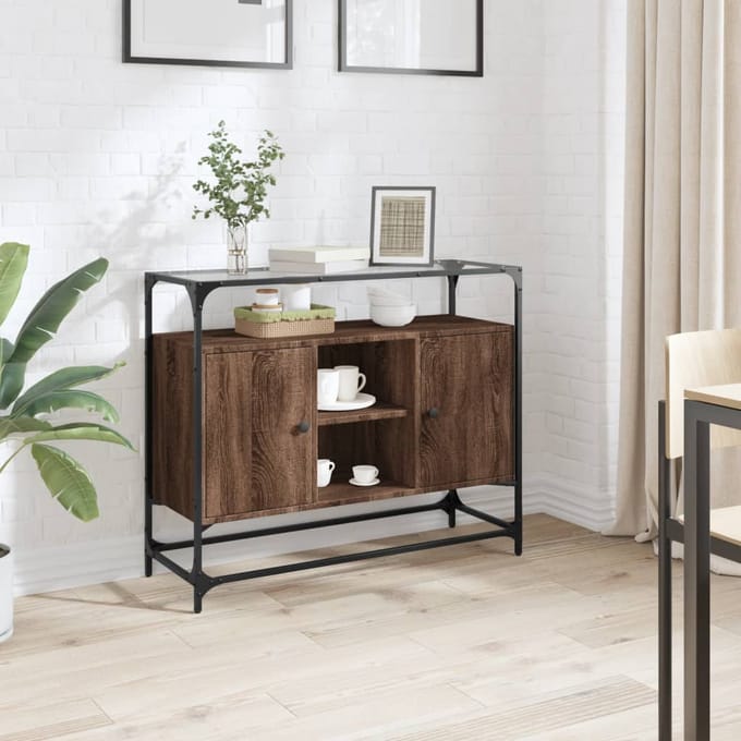 vidaXL - Dressoir - met - glazen - blad - 98x35x81 - cm - hout - bruin - eikenkleurig