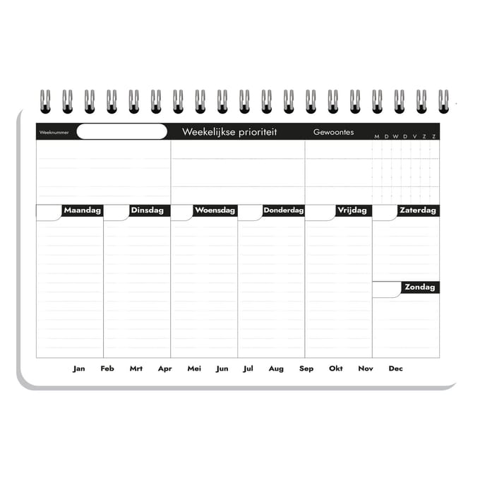 Weekelijkse Planner - A5 liggend - 52 weken planner - Spiraalgebonden - inclusief dot-notities - Gerondhoekt