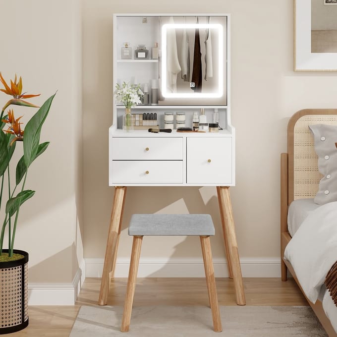Puluomis - Kaptafel - LED Spiegel - Make-upstoel - Verplaatsbare spiegeldeur - 60x139x40cm - Wit