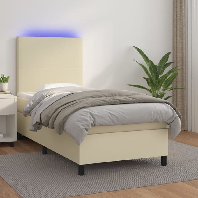 vidaXL - Boxspring - met - matras - en - LED - kunstleer - crèmekleurig - 100x200 - cm