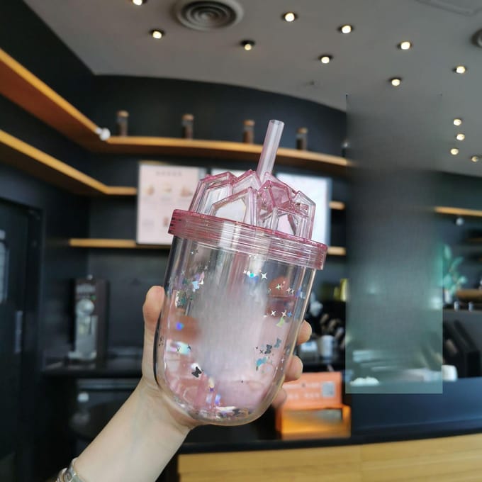 Korean Version of The Large-caliber Straw Milk Tea Cup Large-capacity Double-decker Student Couple Glitter AS Plastic Cups. 400ml