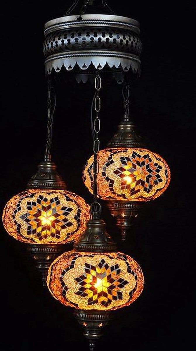 Turkse hanglamp - mozaïek glas bruin - 3 bollen - hoogte 80 cm - E-14 fitting