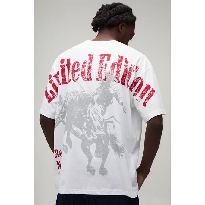 Wit Oversized Western T-shirt Met Print Over De Naden | White | Size Small