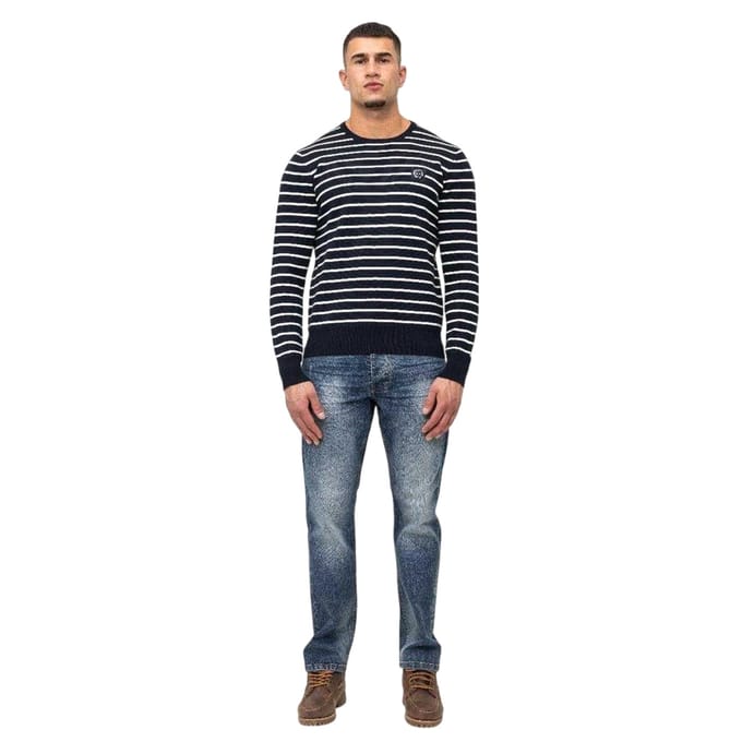 Marshall Artist Heren Gestreepte Ribgebreide Sweater Top (Marine)