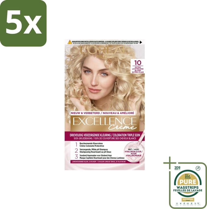 5 x L'Oréal Excellence Crème Permanente Crèmekleuring 10 Extra Lichtblond - Grootverpakking - Haarverf - Grijsdekking - Permanente Haarkleuring - Crèmekleuring - Haarverf Grijsdekking