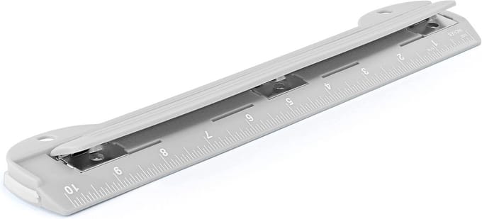 Draagbare 3-gaats perforator voor ringmappen - Capaciteit 5 vellen, met verwijderbare chiplade en 10 inch liniaal