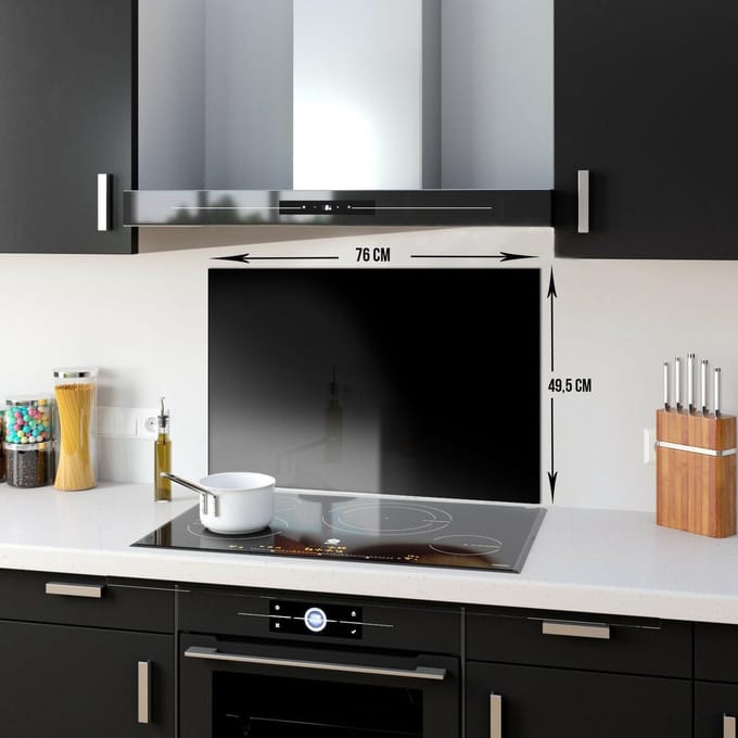 Zwart Tempered Glas Spatbescherming Voor Achter de Kookplaat 49,5cm x 76cm
