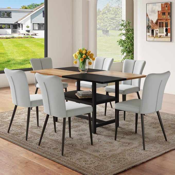 MODFU - Eethoekset - Met Opbergplank - Modern - Voor Eetkamer - MDF En Metaal Met PU - Lichtgrijs En Zwart - 160 Cm
