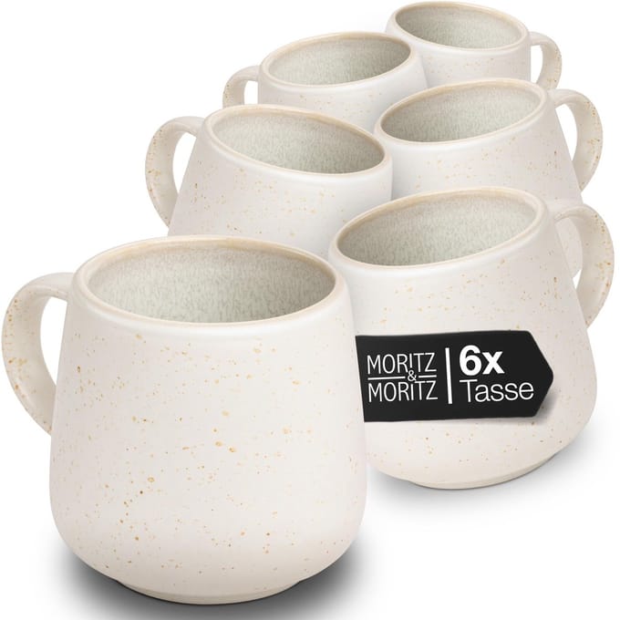 Moritz & Moritz SOLID UNI Koffiekopjes Set - 6-delig Koffiebeker met Oor - 400 ml - Steengoed - Crème