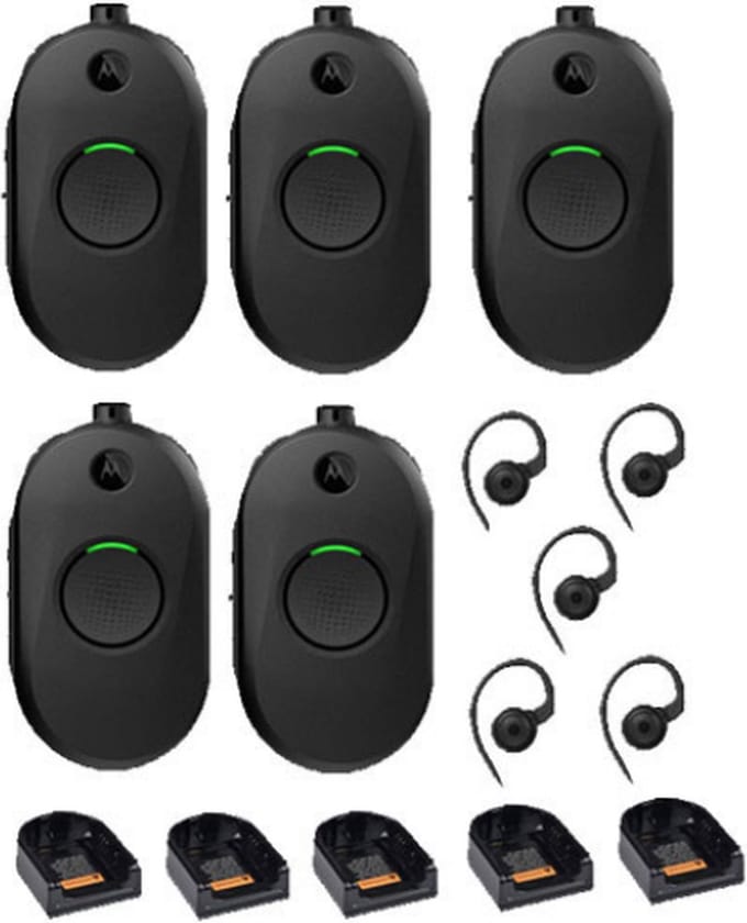 Set van 5 Motorola CLP446E Mini Portofoons met oortje en tafel lader