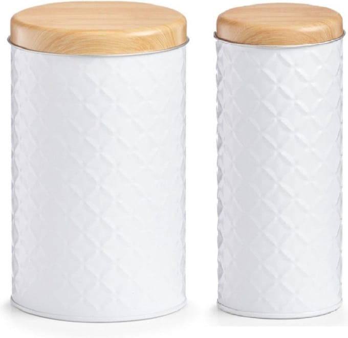 Zeller Keuken voorraadpotten set 2x - wit metaal - bamboe deksel - 1000/2000 ml inhoud