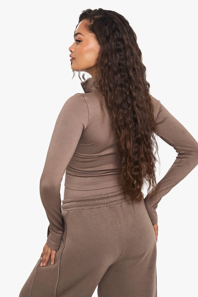 Dames Boohoo Basics Naadloze Rib Zip-Through Jas | Mokka | Maat: Medium