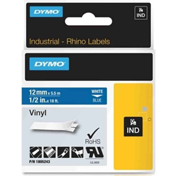 DYMO Rhino industriële Vinyl Labels | 12 mm x 5,5 m | witte afdruk op blauw | zelfklevende labels voor Rhino & LabelManager labelprinters