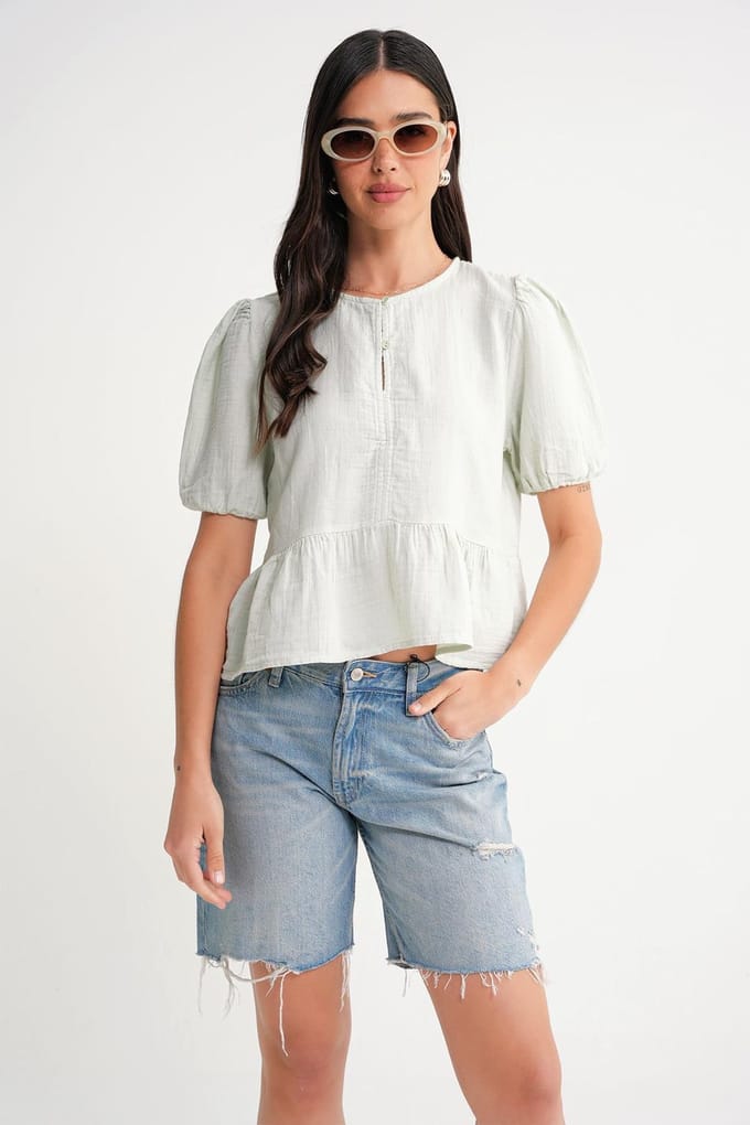 Gestructureerde Musselinen Crew Neck Blouse met Knopsluiting