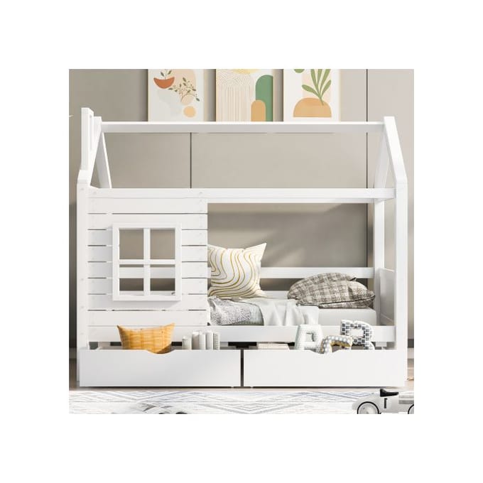 Juniorbed - MUVOE - 90x200 cm - Massief hout - Met lades - Wit wit