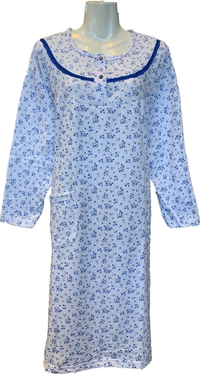 Dames Winter Nachtjapon Gebloemd (variant 2) - Kleur Blauw - Maat M