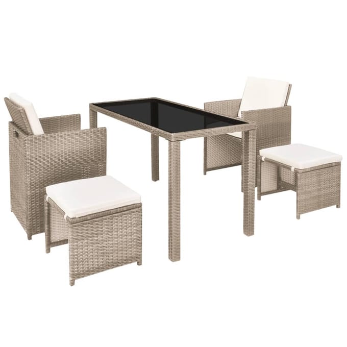 vidaXL - 5-delige - Tuinset - met - kussens - poly - rattan - beige