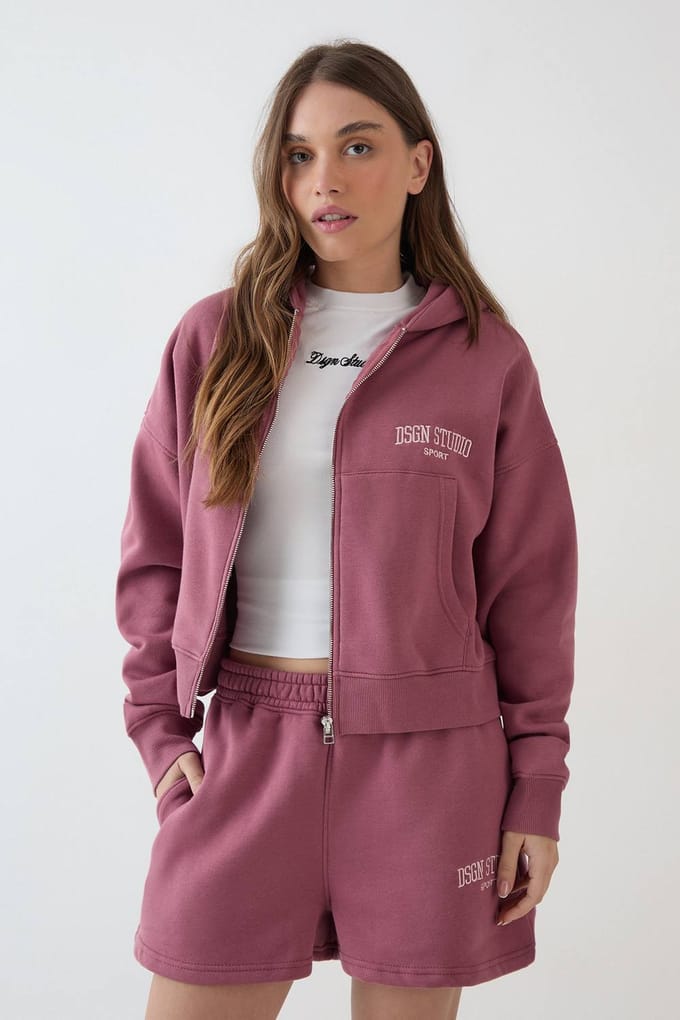 Dames Dsgn Studio Collegiate Applique Boxy Hoodie Met Rits | Roos | Maat: 2XL