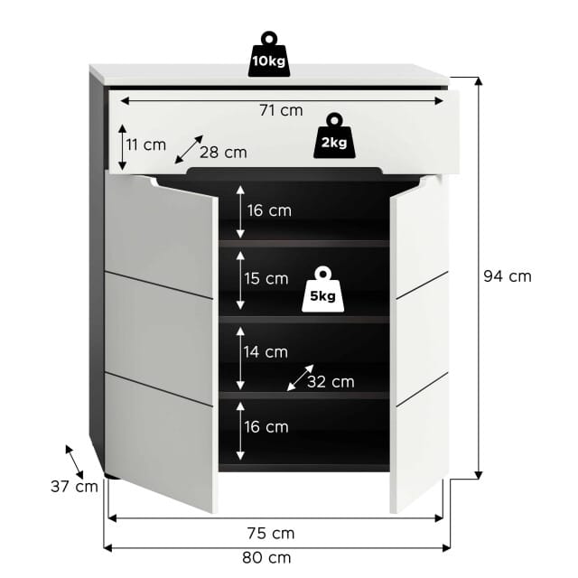 Canu schoenenkast wit NB basaltgrijs NB - 37x80x94cm