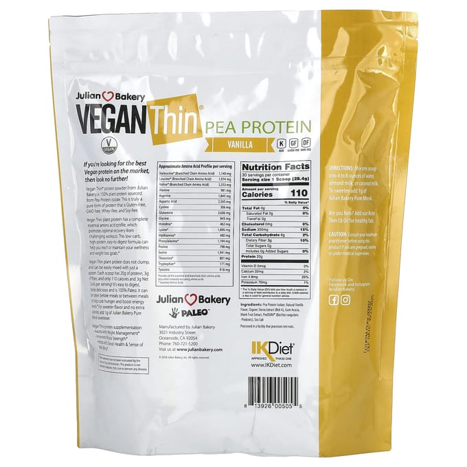 Julian Bakery, Vegan Thin, Protéine de Pois, Vanille, 1,88 lbs (852 g)