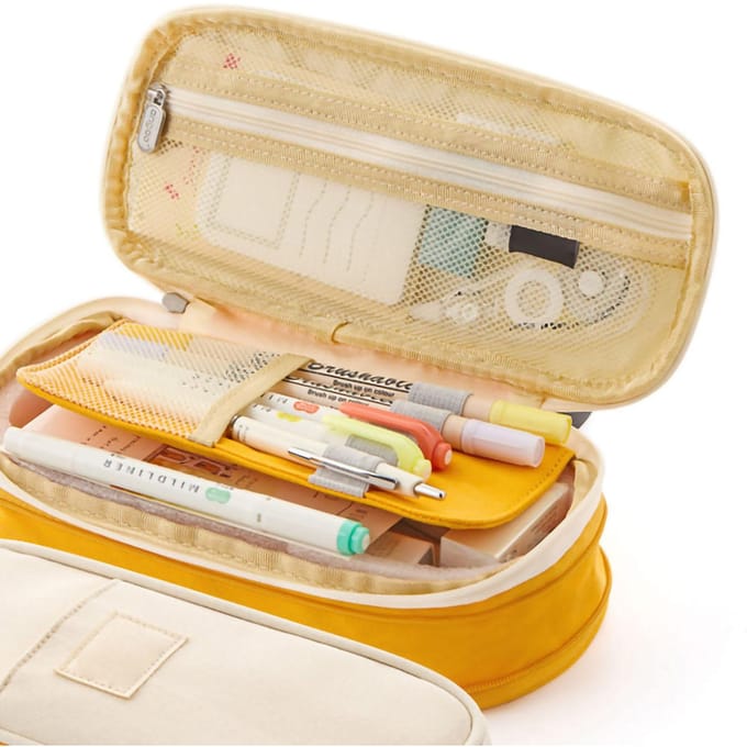 Grote etui voor studenten, macaronkleurcombinatie, canvas etui, etui, kurkumabeige beige