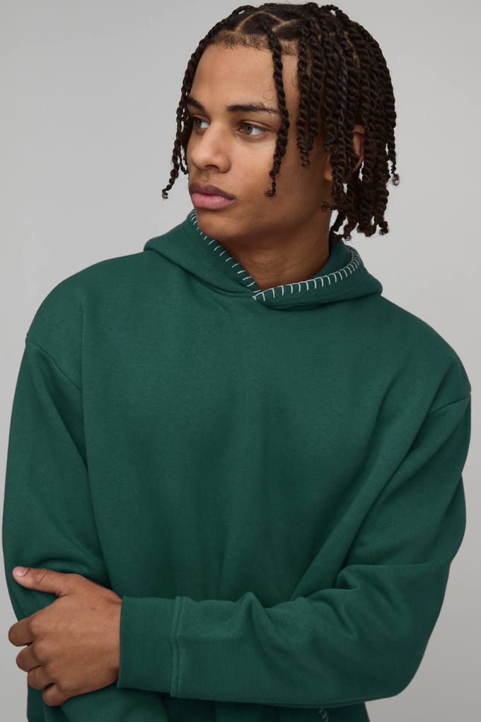 Oversized Boxy Blanket Stitch Hoodie | Forest | Size Small