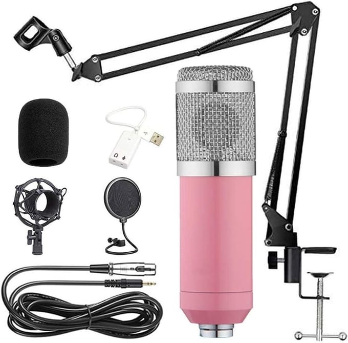 Condensator microfoon kit - Podcast microfoon - Studio opnames - Cardioïde opnamepatroon - 24-bit/192-bit - Roze