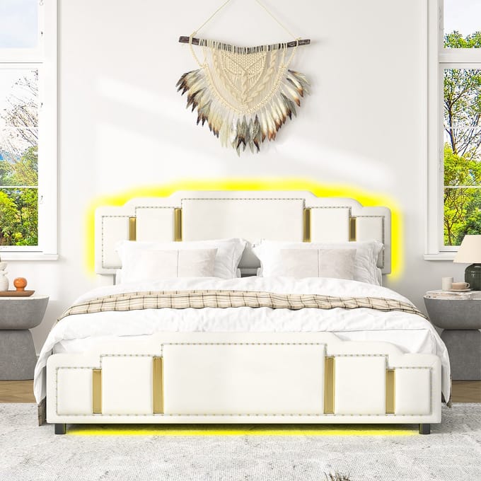 MODFU Gestoffeerd Hydraulisch Opbergbed Met Ledverlichting - Modern - Fluweel - Beige - 140 X 200 Cm