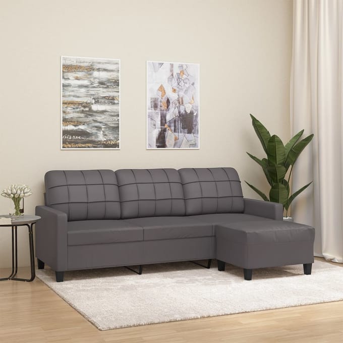 Vidaxl Canapé 3 Places Avec Repose-Pieds, Gris, 180 Cm, Cuir Artificiel
