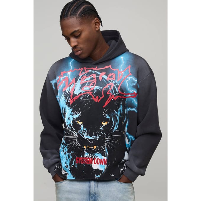 Oversized Boxy Gewassen Panther Over Seam Grafische Hoodie | Charcoal | Size Medium