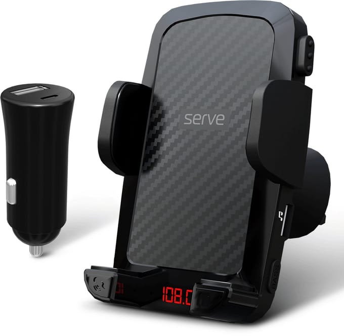 Serve 2in1 Bluetooth FM Transmitter & Telefoonhouder Auto - Carkit voor Muziek - Telefoonhouders Auto Accessoires - Ventilatie Houder