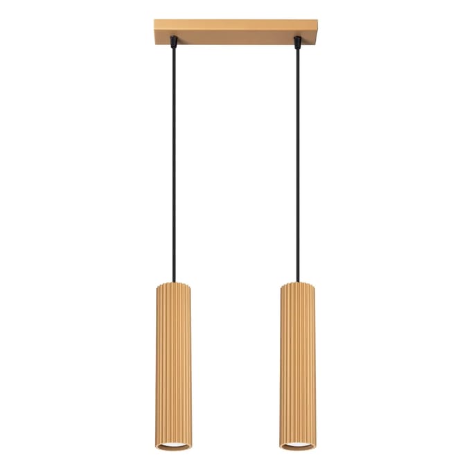 Hanglamp KARBON 2 met 2 geribbelde buiskappen in lijn - Sollux Lighting - IP20 - Goud aluminium behuizing - 30 x 6.5 x 90 cm - 2 x GU10 LED, exclusief lichtbron - 2 x 10 W - Minimalistische hanglamp voor slaapkamer, woonkamer en gang