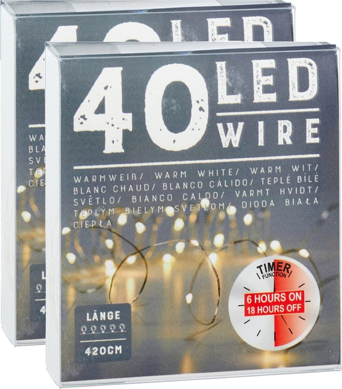 Draadverlichting lichtsnoer - 2x - 240 cm - 40 leds - warm wit - batterij - timer - kerstverlichting