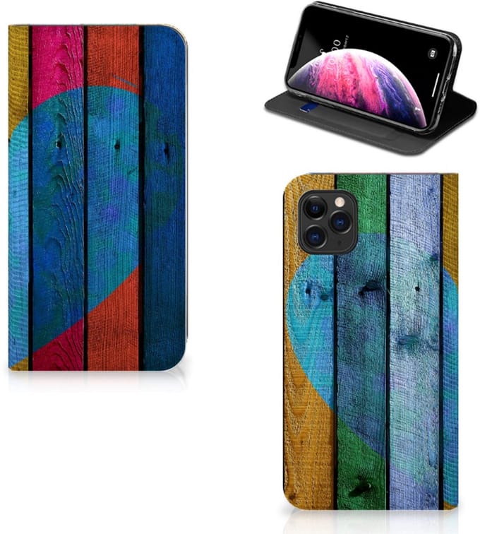 Apple iPhone 11 Pro Max Book Wallet Case Wood Heart - Cadeau voor je Vriend