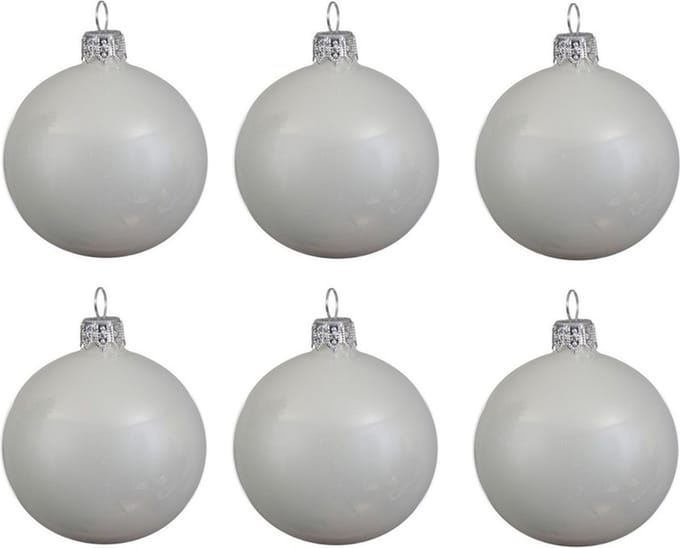 Decoris Kerstballen set - 6x stuks - wit - glas - 6 cm - glans - kerstversiering - zilveren ophanglintje