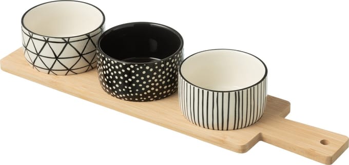 J-Line tapasplank 3 kommen + schaal - keramiek/hout - wit/zwart