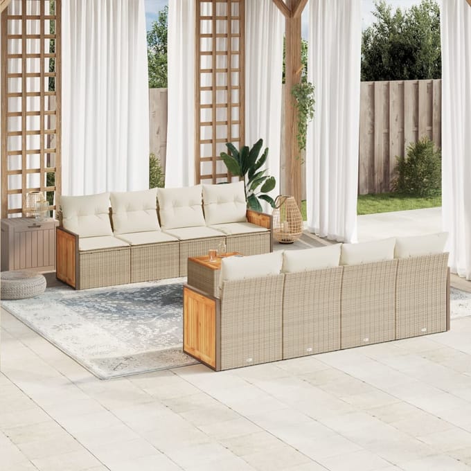 vidaXL - 9-delige - Loungeset - met - kussens - poly - rattan - beige