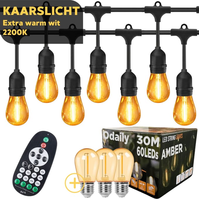Odaily Lichtsnoer Amber - 30 Meter - 60 LED Lampen - Extra Warm Wit Licht - Dimbaar - Professionele Kwaliteit