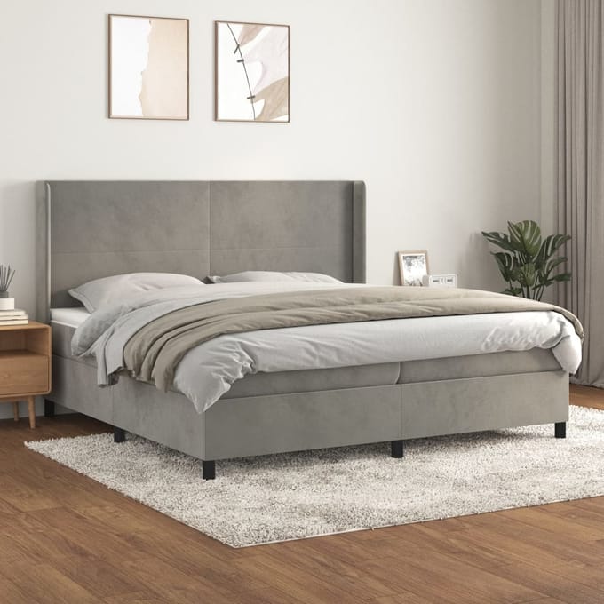vidaXL - Boxspring - met - matras - fluweel - lichtgrijs - 200x200 - cm